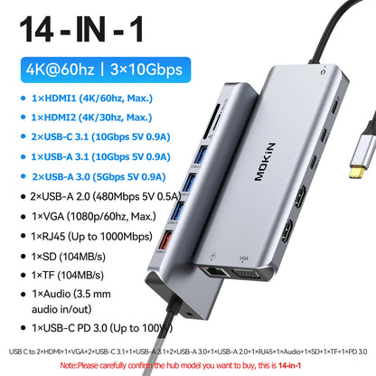 Mokan usb c hub tipo c 4k @ 60hz hdmi hub, vga 3usb 3.1 10gbps pd rj45 sd/tf docking station para macbook air pro acessórios para portátil