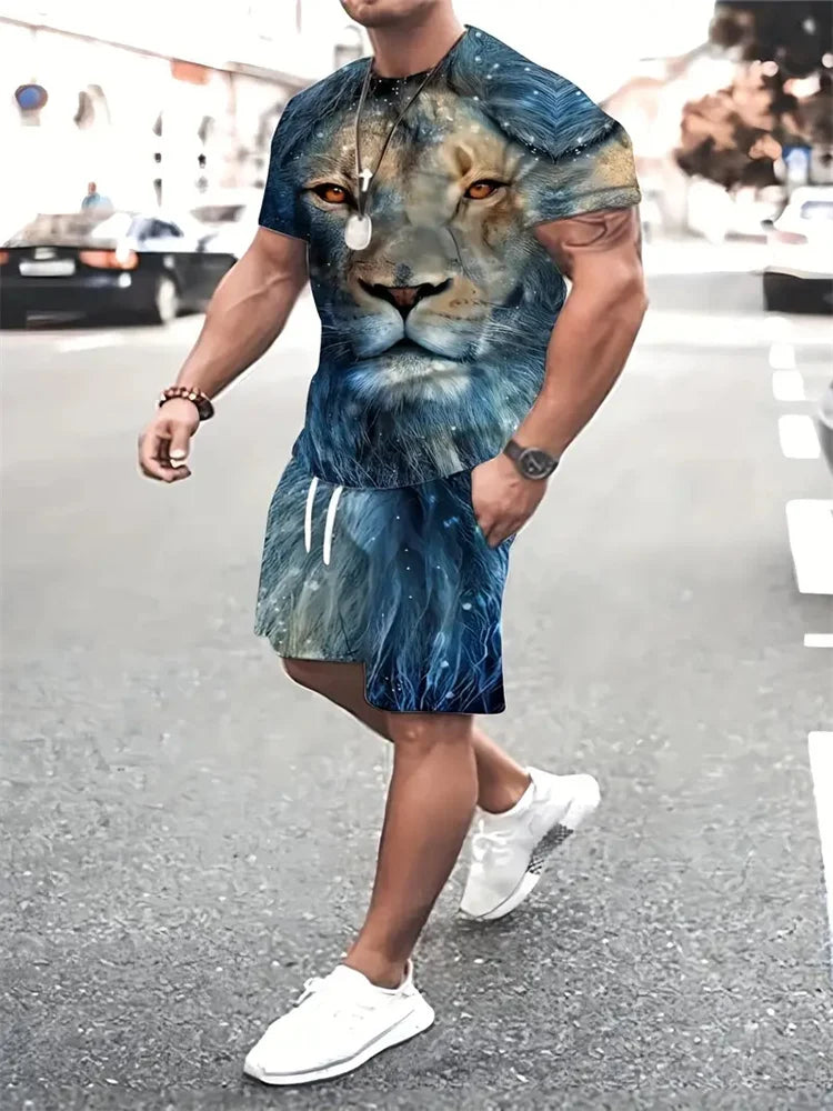 Camiseta e calções com estampa besta leão masculina, impressão 3D de bloqueio colorido, fato esportivo gola o, rua casual, verão, novo