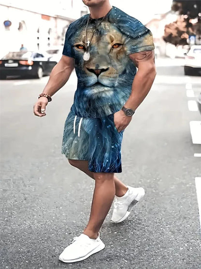 Camiseta e calções com estampa besta leão masculina, impressão 3D de bloqueio colorido, fato esportivo gola o, rua casual, verão, novo