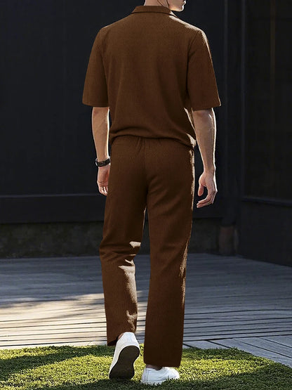 Moda verão roupas texturizadas para homens casual respirável camisa e calças duas peças define lazer masculino ternos de cor sólida