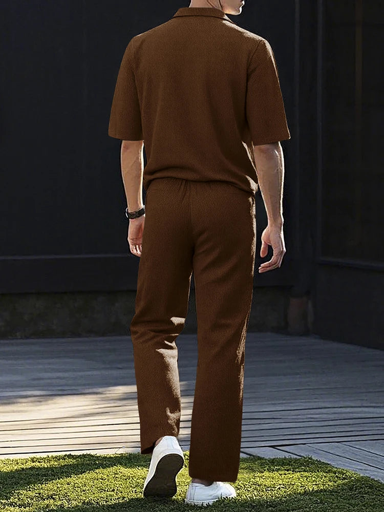 Moda verão roupas texturizadas para homens casual respirável camisa e calças duas peças define lazer masculino ternos de cor sólida