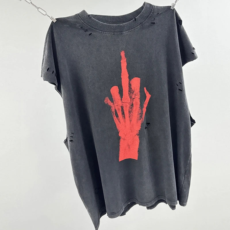 Crânio vermelho impressão de dedo buraco danificado saint tanque t das mulheres dos homens streetwear colete de grandes dimensões vintage washe preto sem mangas t camisa
