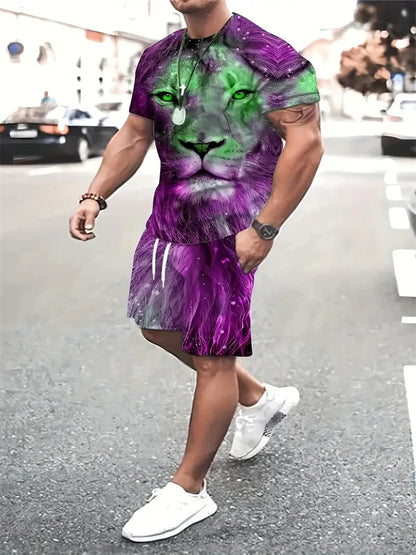 Camiseta e calções com estampa besta leão masculina, impressão 3D de bloqueio colorido, fato esportivo gola o, rua casual, verão, novo