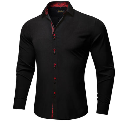 DiBanGu Camisa Masculina de Manga Longa Preto Sólido Vermelho Paisley Cor Contraste Moda Vestido Camisa para Homens Gola Botão para baixo Roupas Masculinas