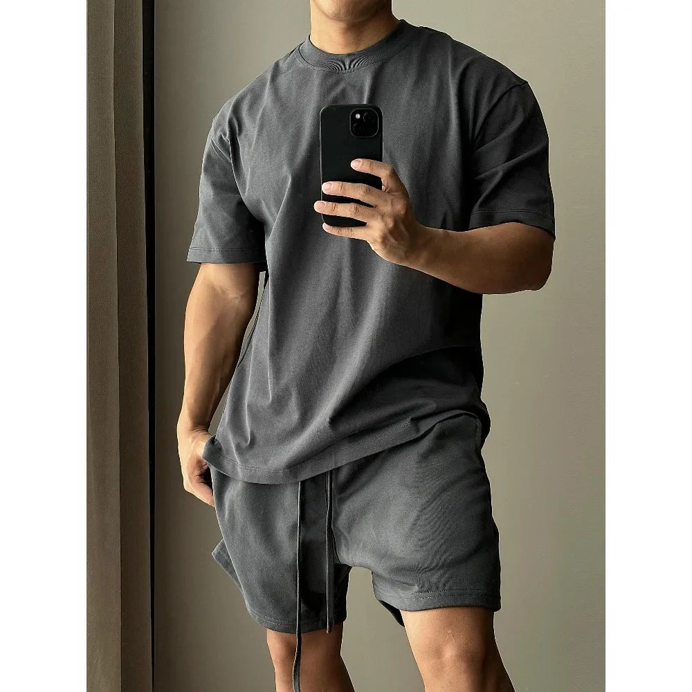 Conjunto de shorts de manga curta de algodão puro masculino, camiseta solta moderna europeia e americana de esportes e lazer