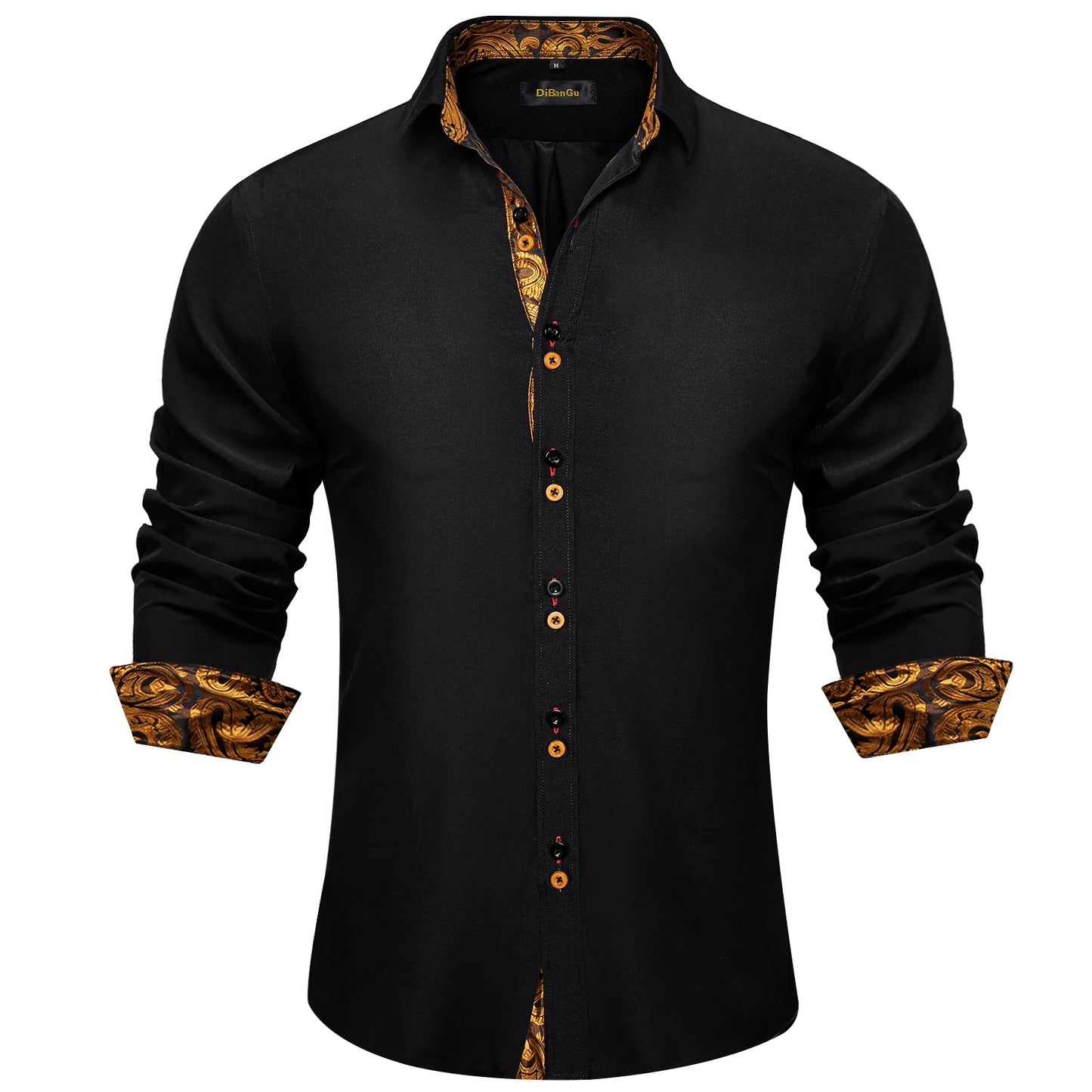 DiBanGu Camisa Masculina de Manga Longa Preto Sólido Vermelho Paisley Cor Contraste Moda Vestido Camisa para Homens Gola Botão para baixo Roupas Masculinas