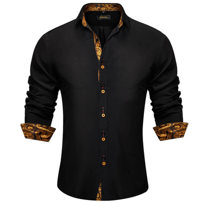 DiBanGu Camisa Masculina de Manga Longa Preto Sólido Vermelho Paisley Cor Contraste Moda Vestido Camisa para Homens Gola Botão para baixo Roupas Masculinas