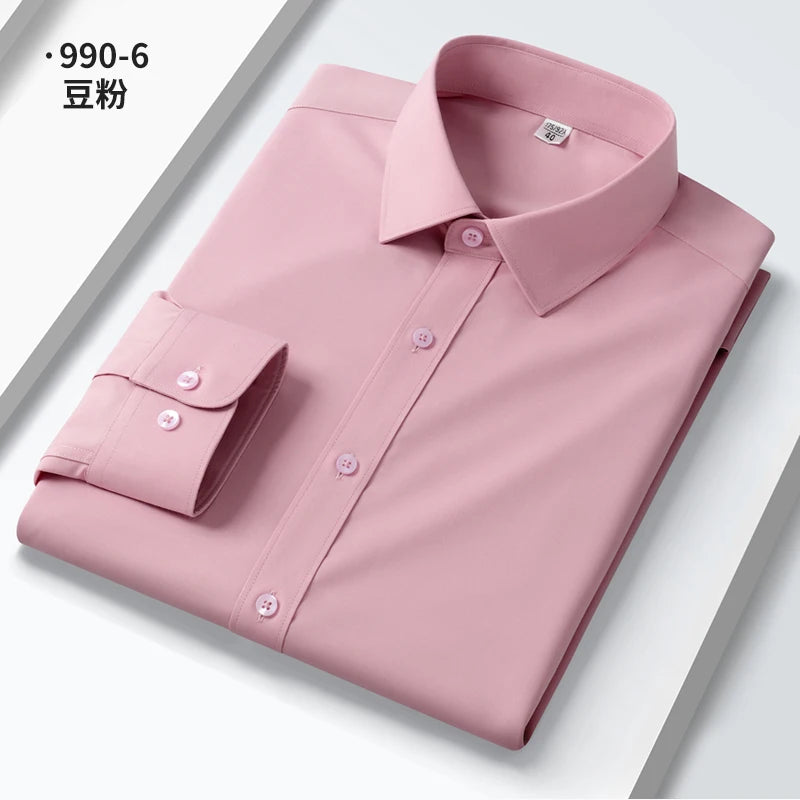 Camisa elástica anti-rugas masculina, manga comprida, slim fit, blusa social e de negócios, vestido branco, qualidade