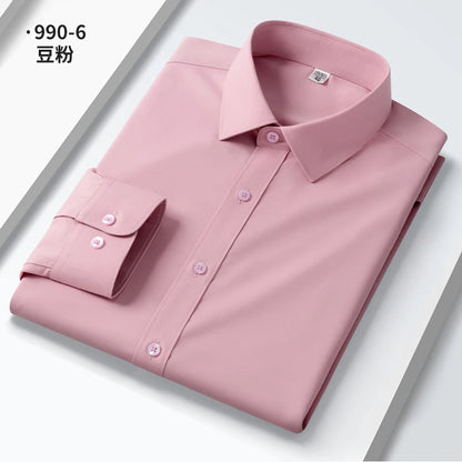 Camisa elástica anti-rugas masculina, manga comprida, slim fit, blusa social e de negócios, vestido branco, qualidade