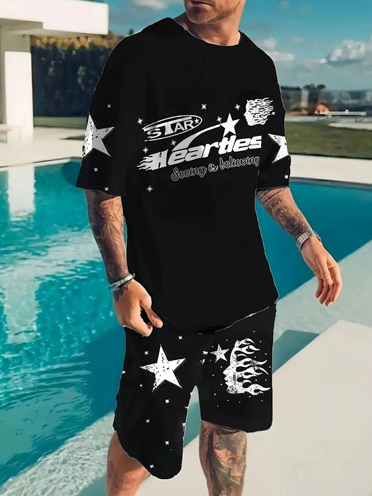 Verão 2025 novos homens casuais e elegantes roupas masculinas ao ar livre com padrões de letras e estrelas