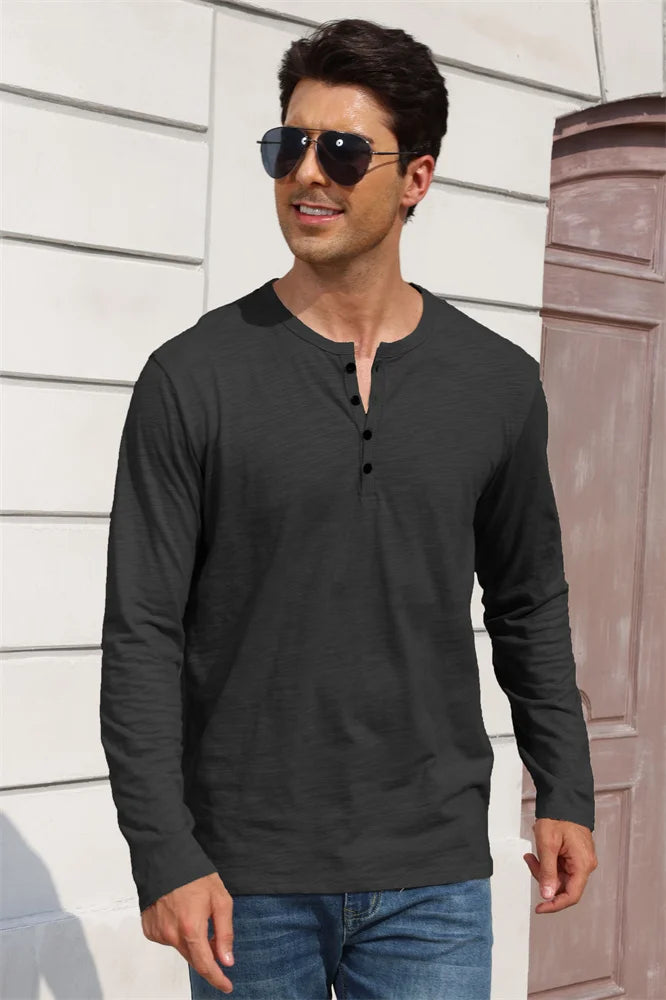 Outono nova camiseta masculina de manga longa casual estilo simples henley pescoço respirável leve algodão topos moda masculina