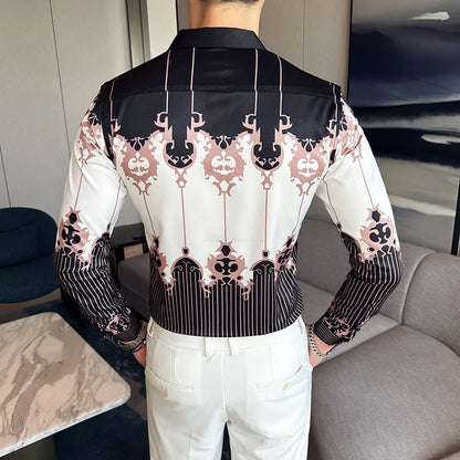 Camisa Coreana Estampada Masculina, Manga Comprida, Fina, Vestido, Festa, Negócios, Social, Boutique, Luxo, Primavera, Outono, 6XL