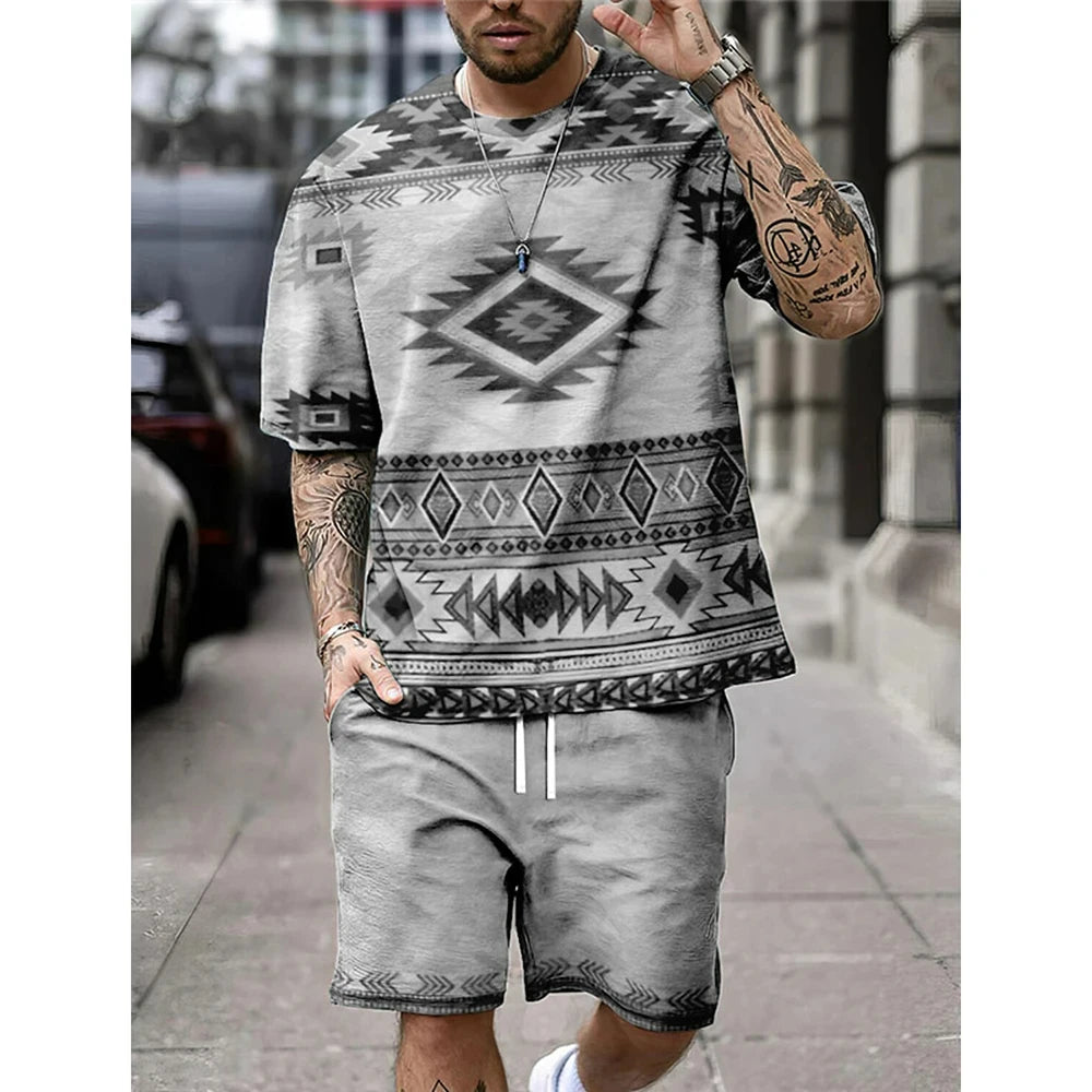 Verão retro estilo étnico conjuntos de shorts masculinos casuais t camisas + shorts 2 pçs roupas impressão 3d homem roupas oversized o-pescoço roupas esportivas