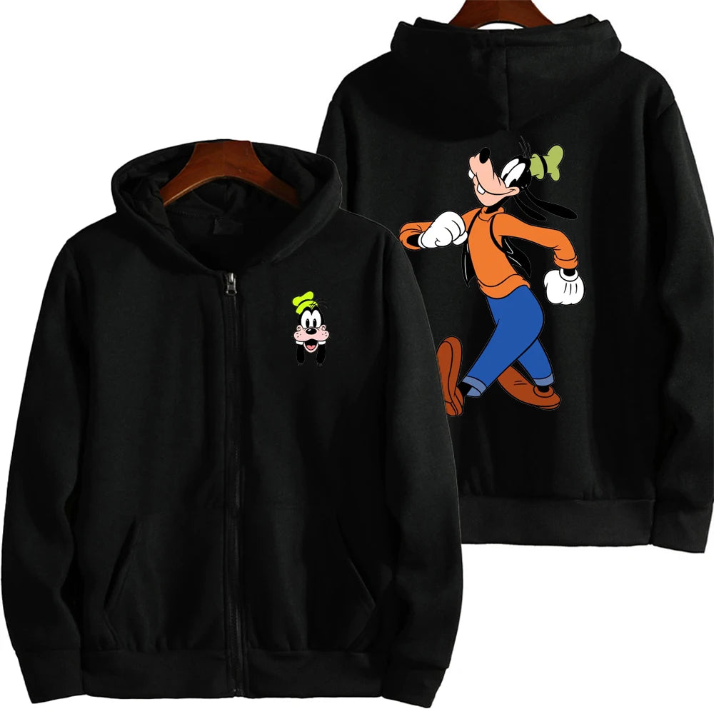 Goofy masculino impressão dos desenhos animados hoodie primavera outono feminino moletom de grandes dimensões com zíper novo casal rua moda casaco