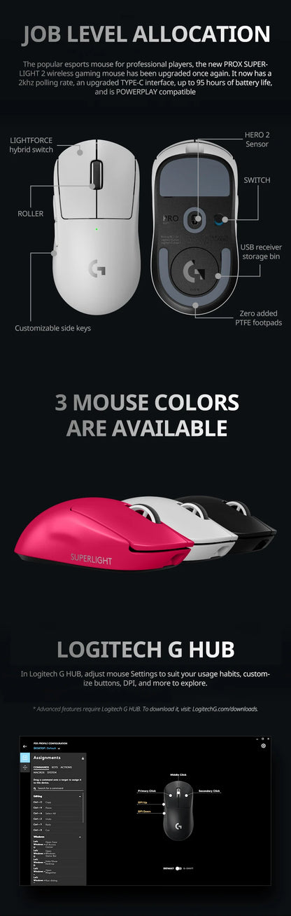 Mouse para jogos sem fio Logitech G PRO X SUPERLIGHT 2, mouse de nível profissional de 60 g com 5 botões programáveis, sensor DPI de 44k, rep de 8 kHz