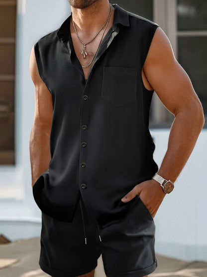 Novo verão 2 peças casual todos os dias lapela shorts conjunto havaiano cor sólida sem mangas camisa masculina praia shorts