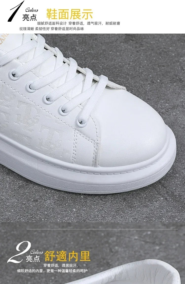 2025 novos sapatos masculinos primavera e outono de sola plana sapatos casuais de couro sapatos esportivos preto e branco masculino de sola grossa respirável