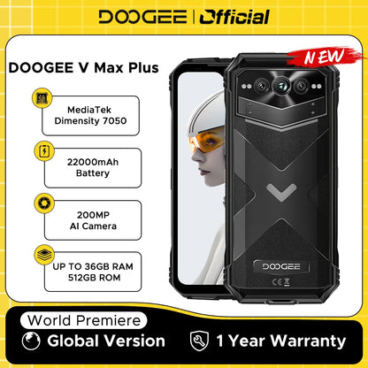 Estreia mundial doogee v max plus telefone robusto 22000mah 36gb (16 +20) 512gb 200mp câmera telefone 6.58 "120hz dimensão 7050 android14