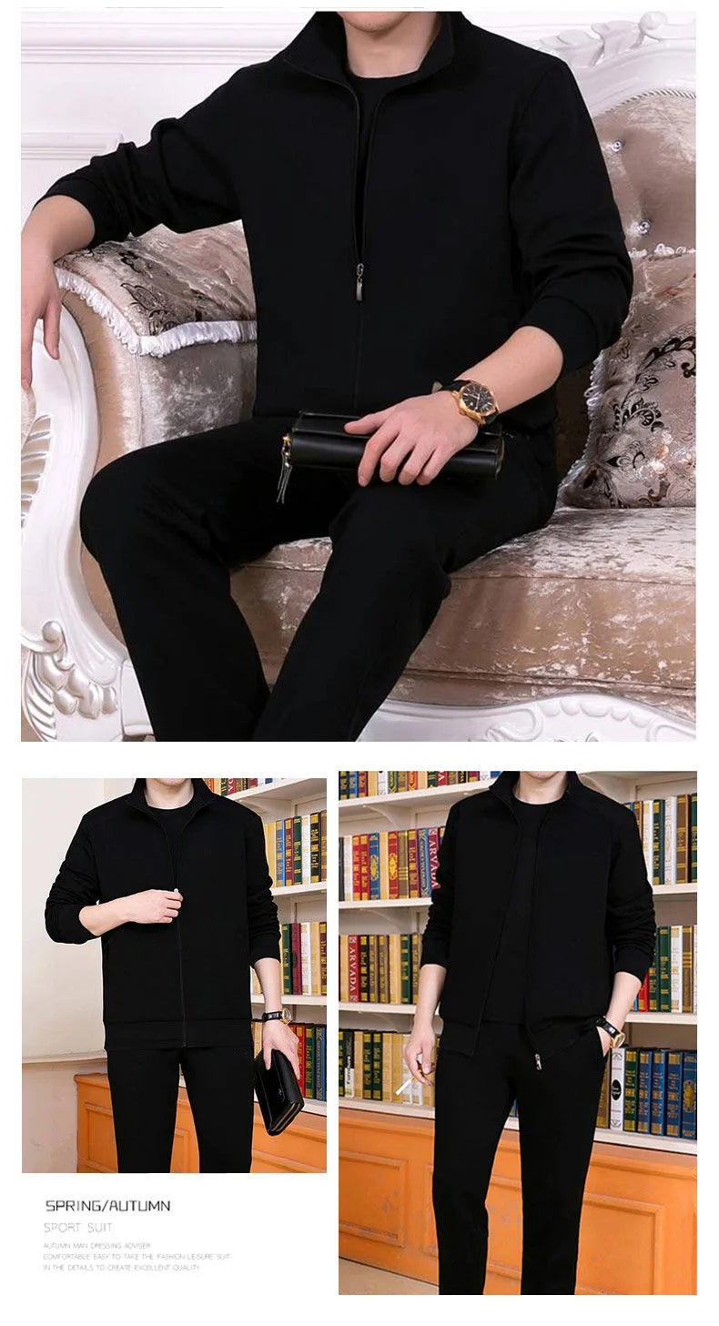 Conjunto de roupas casuais e roupas esportivas de duas peças para homens de meia idade e idosos, conjunto de manga comprida, cardigã de cor sólida de edição pública para