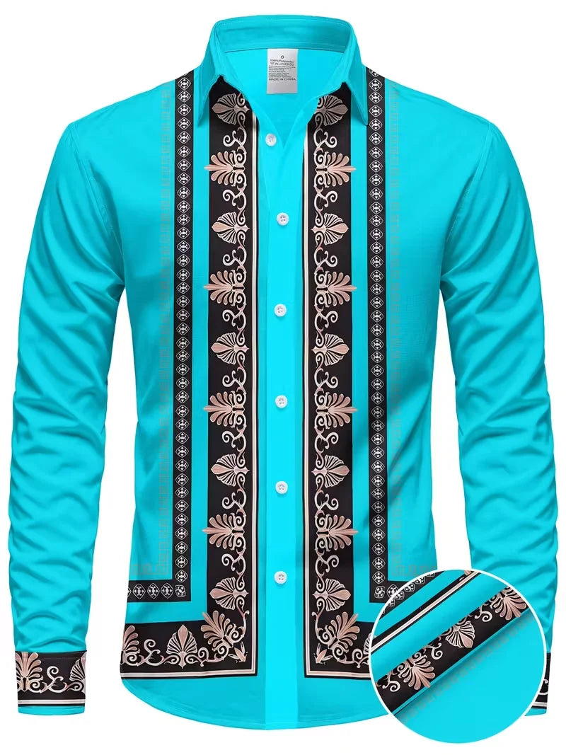 Nova camisa masculina de manga comprida com padrão geométrico – estilo primavera-outono, gola moderna e retrô, camisa com botões. Envio rápido.