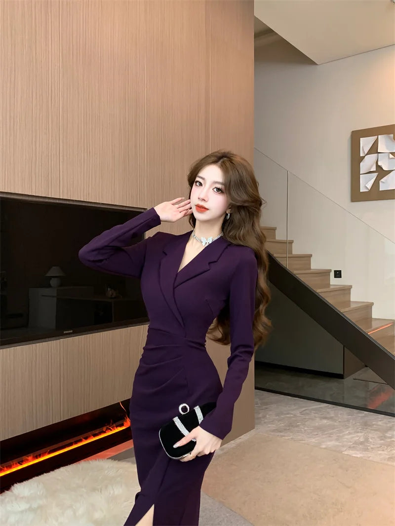 Purpled elegante plissado bodycon terno vestido para mulher 2025 moda coreana vestido formal outono inverno chique sob medida vestido de ocasião