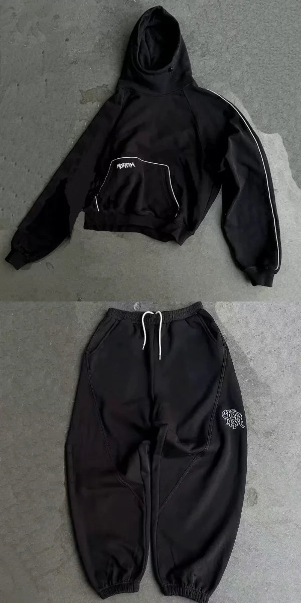 Europeu gótico moda rua terno masculino casual rua esportes camisola e calças casuais terno hip-hop tendência bordado moletom