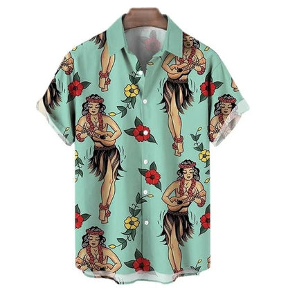 Camisa havaiana retrô masculina com impressão 3D, gráficos sereia, botão casual, manga curta, lapela, streetwear, verão