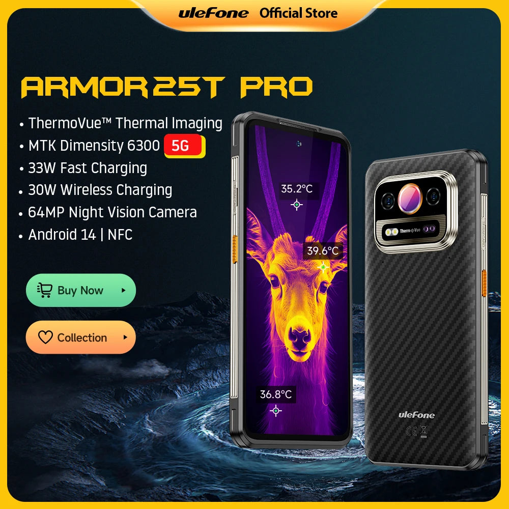 Ulefone armor 25t pro 5g telefone robusto com imagem térmica android 14 33w 64mp visão noturna smartphone nfc à prova de água