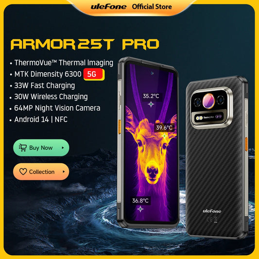 Ulefone armor 25t pro 5g telefone robusto com imagem térmica android 14 33w 64mp visão noturna smartphone nfc à prova de água