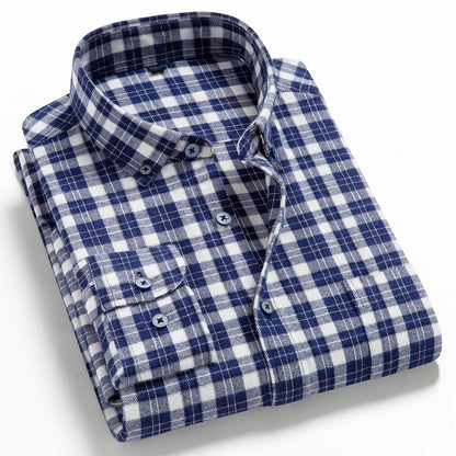 Moda masculina casual xadrez escovado camisa de manga longa, confortável 100% algodão botão para baixo fino ajuste grosso flanela camisas de outono