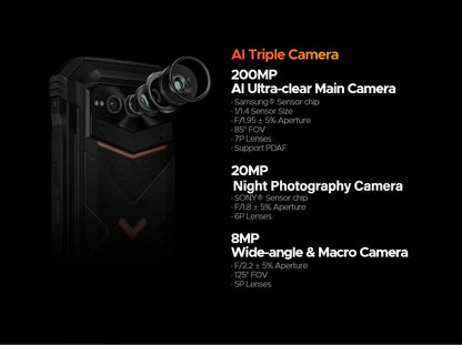 Estreia mundial doogee v max plus telefone robusto 22000mah 36gb (16 +20) 512gb 200mp câmera telefone 6.58 "120hz dimensão 7050 android14