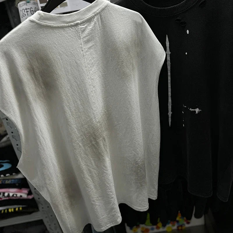 Crânio vermelho impressão de dedo buraco danificado saint tanque t das mulheres dos homens streetwear colete de grandes dimensões vintage washe preto sem mangas t camisa