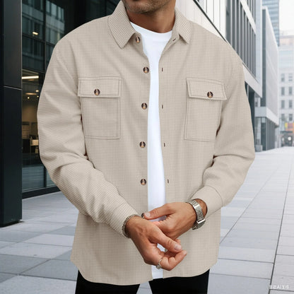 Jaqueta masculina de trabalho com verificação de waffle, jaqueta elegante com botão de lapela e calças compridas, confortável, respirável, casual, roupa de negócios, 1/2 peças