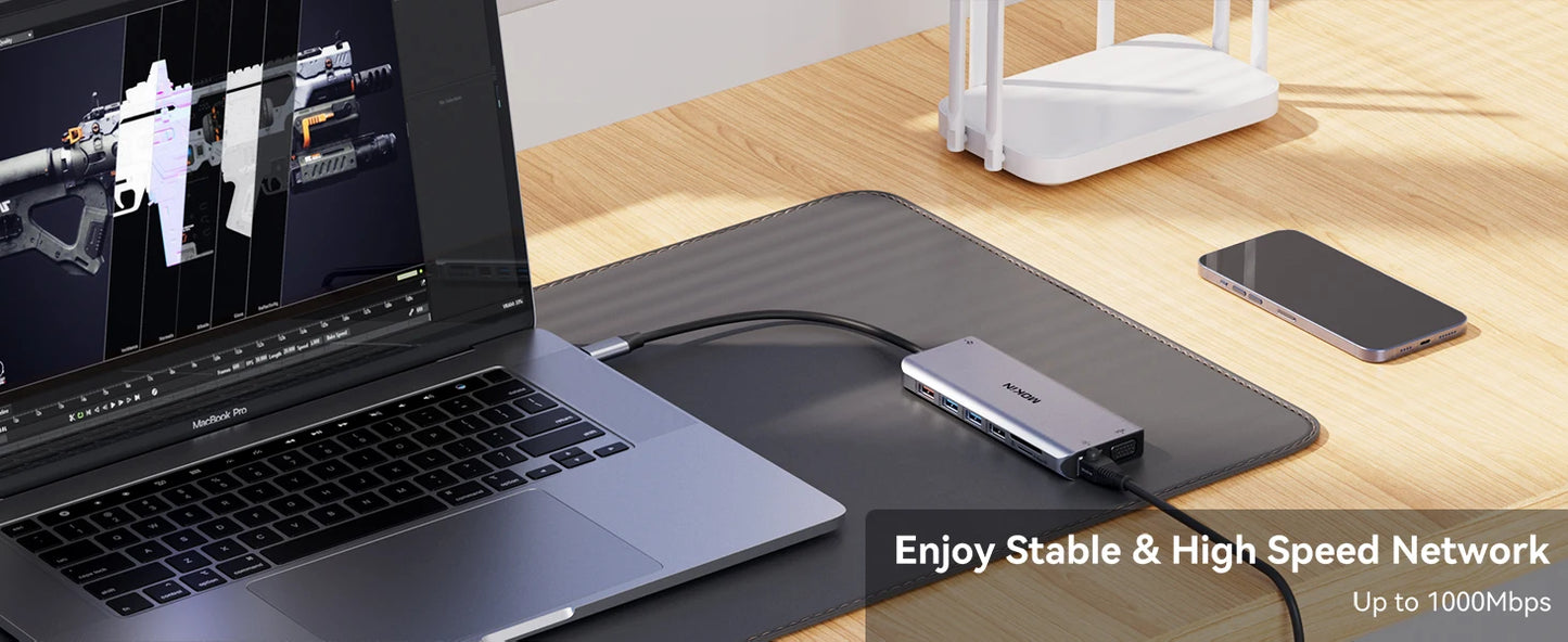 Mokan usb c hub tipo c 4k @ 60hz hdmi hub, vga 3usb 3.1 10gbps pd rj45 sd/tf docking station para macbook air pro acessórios para portátil