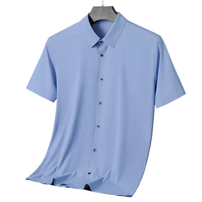 Nova alta qualidade de seda gelo negócios masculinos casual camisa de manga curta verão ultra-fino respirável esportes ao ar livre cor sólida topo