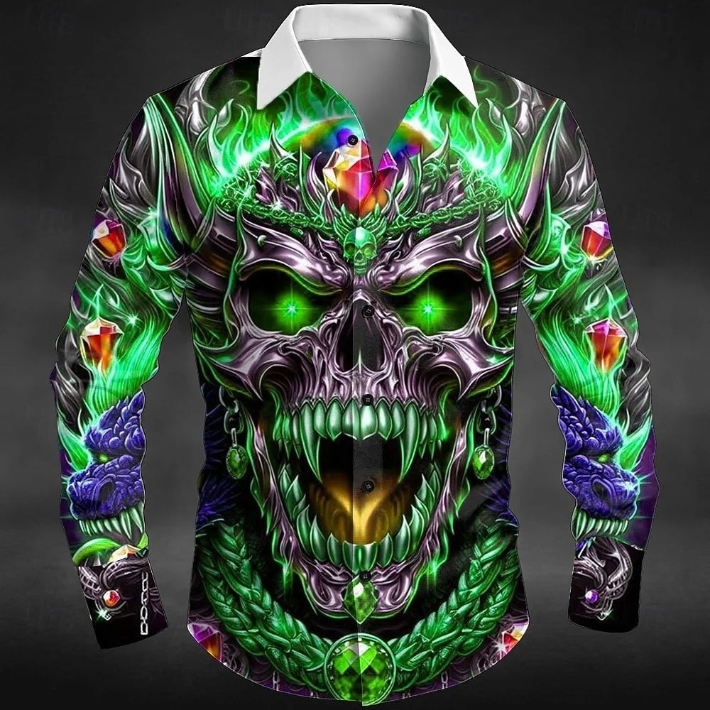 Nova camisa masculina de manga comprida com estampa de caveira para Halloween, camisa com gola 3D adequada para primavera, outono e inverno