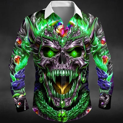 Nova camisa masculina de manga comprida com estampa de caveira para Halloween, camisa com gola 3D adequada para primavera, outono e inverno