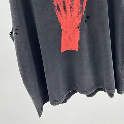 Crânio vermelho impressão de dedo buraco danificado saint tanque t das mulheres dos homens streetwear colete de grandes dimensões vintage washe preto sem mangas t camisa
