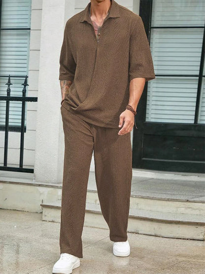 Moda verão roupas texturizadas para homens casual respirável camisa e calças duas peças define lazer masculino ternos de cor sólida