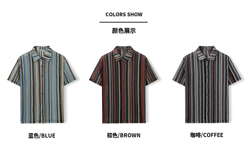 Novo étnico listrado masculino cardigan topos chique oco para fora manga curta casual camisa de renda moda streetwear premium blusa respirável