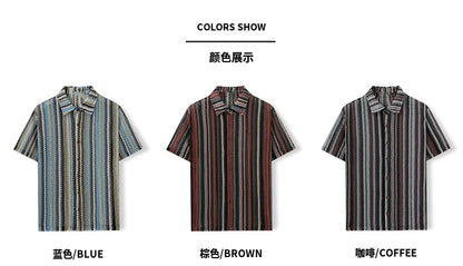 Novo étnico listrado masculino cardigan topos chique oco para fora manga curta casual camisa de renda moda streetwear premium blusa respirável