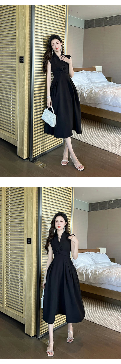 Estilo francês moda verão elegante vestido de noite feminino senhora formal chique sem mangas magro midi festa clube baile robe mujer vestido