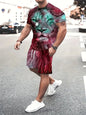 Camiseta e calções com estampa besta leão masculina, impressão 3D de bloqueio colorido, fato esportivo gola o, rua casual, verão, novo