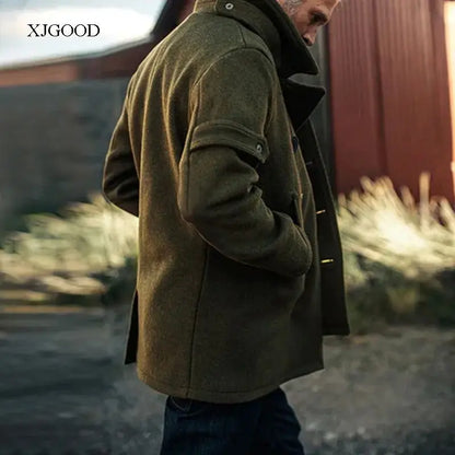 Casaco de lã masculino de cor pura com gola aboa, manga curta e decote em V para jovens no outono.