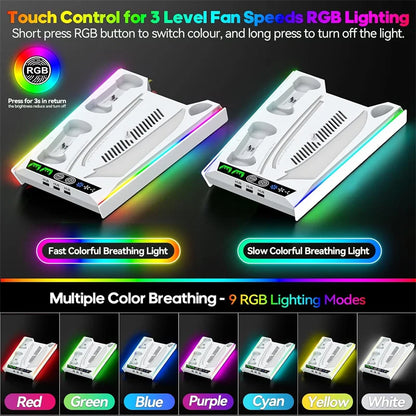 PS5/ PS5 Slim/ PS5 Pro Suporte para disco e console digital PS5 Estação de resfriamento e carregamento com ventilador de 3 níveis Carregador de controlador PS5