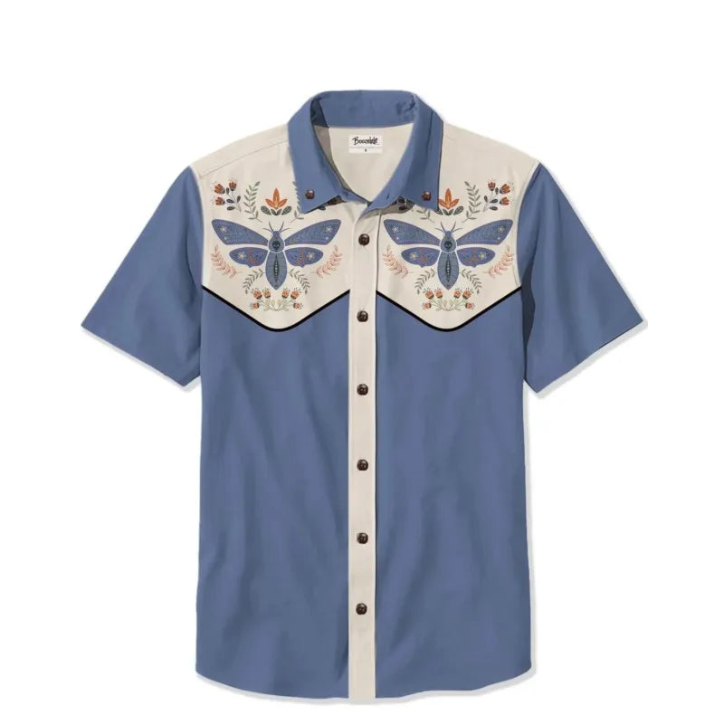 Camisa masculina de manga curta estilo cowboy ocidental, confortável, respirável, verão, arte, botão, camisas havaianas divertidas