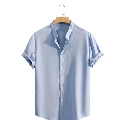 Camisa casual masculina de manga curta, gola alta, verão, cor sólida, manga curta, camisa de linho, respirável, praia, tops masculinos