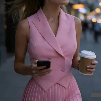 Casual drapeado roupa de festa elegante com decote em v sem mangas colete irregular & mini saia conjunto moda feminina duplo breasted sólido 2pc terno