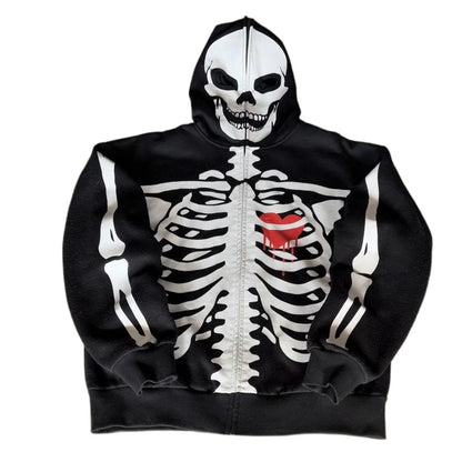 2000s crânio padrão gótico hoodie y2k zíper rosto coberto crânio padrão impresso hoodie casual punk hip hop rua retro engraçado
