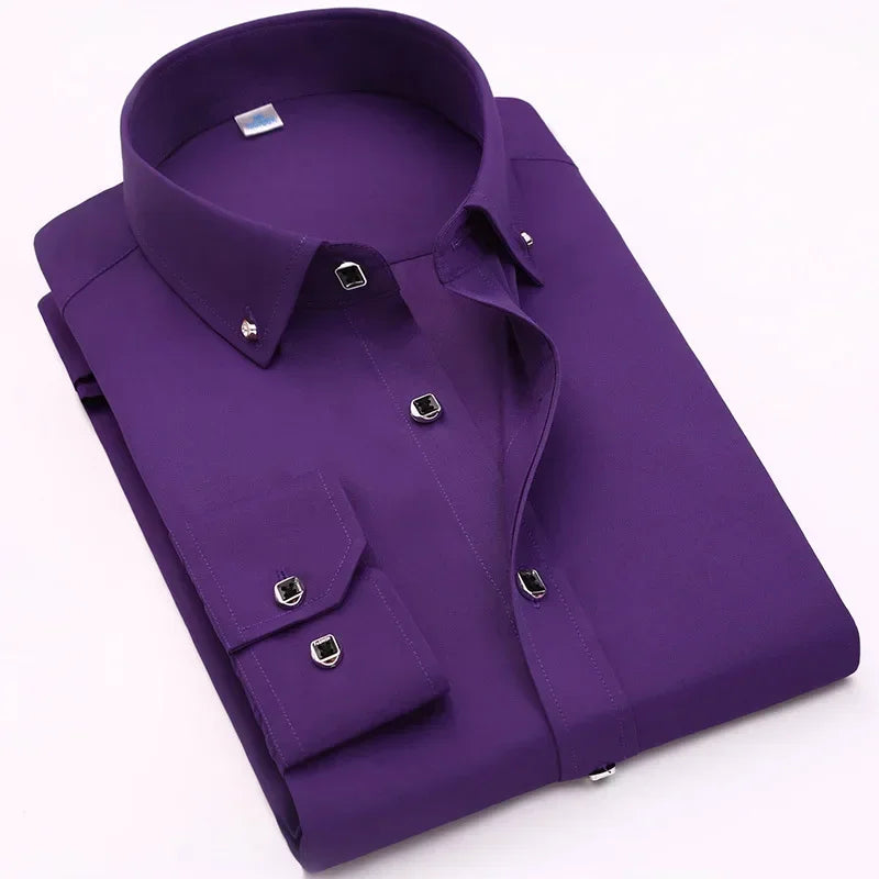 Qualidade de luxo masculino diamante botão sólido vestido camisa casual padrão-ajuste confortável macio camisa de manga longa roupas masculinas